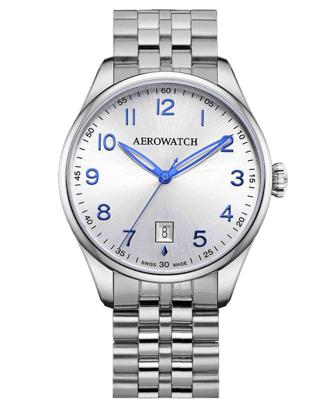 Aerowatch Aerowatch Les Grandes Classiques 42997 AA01 M  42997 AA01 M кварцевые мужские часы серебристый циферблат, браслет нержавеющая сталь — вид спереди